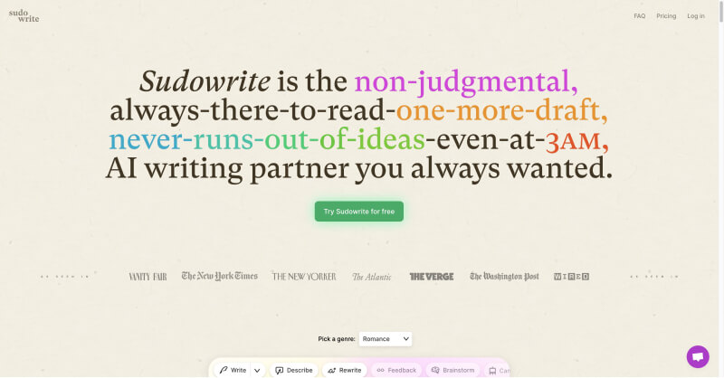 Sudowrite:AI故事小说写作和改写工具,多种风格选择